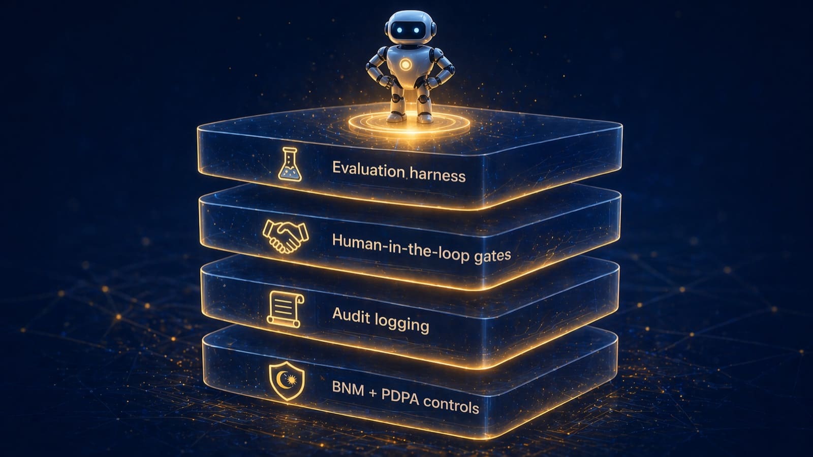 Agentic AI governance stack: evaluation harness, human-in-the-loop, BNM + PDPA controls